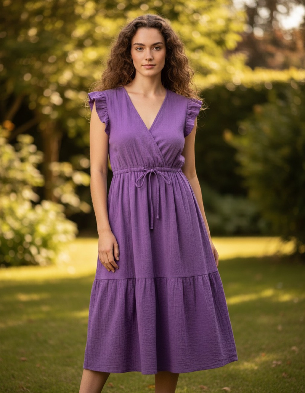 Rendu GhostShoot : robe portée sur un mannequin, extérieur jardin