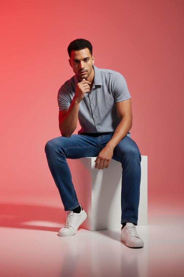 Rendu GhostShoot : chemise portée sur un mannequin, studio rouge